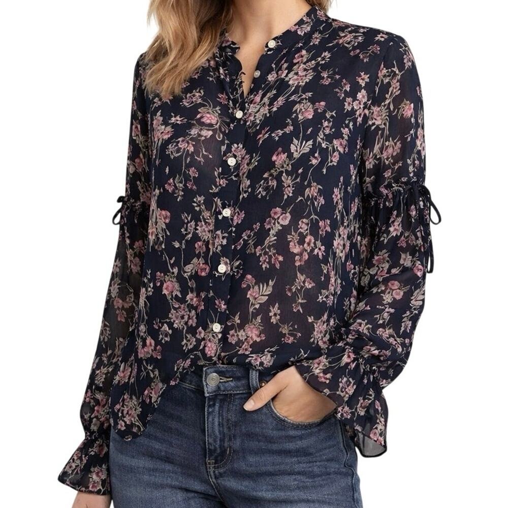 Lumiere Floral‎ Blouse Large Navy Sheer Button Front Boho Romantic Long Sleeve
